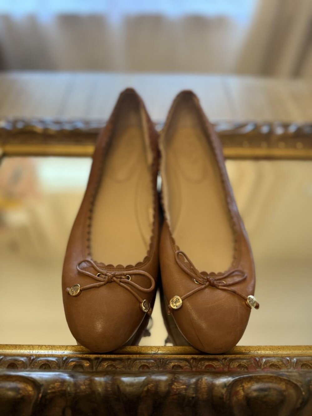 Lauren Ralph Lauren Glennie Cognac Leather Scalloped Ballet Flats Bow 9B